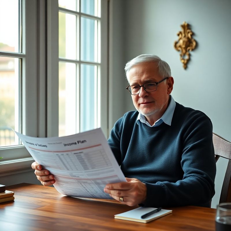 Senior muž studuje tištěný příjmový plán u dřevěného stolu